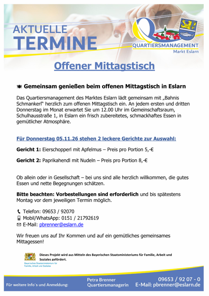Plakat Offener Mittagstisch am 05. und 19.11.26 in Eslarn, Quartiersmanagement mit Bahnis Schmankerl