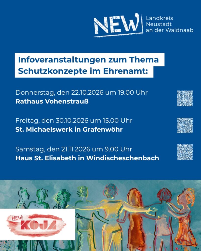 Flyer des Landkreises Neustadt an der Waldnaab und der KoJa: Infoveranstaltungen zum Thema Schutzkonzepte im Ehrenamt am 22.10.2026 im Rathaus Vohenstrauß, am 30.10.2026 im St. Michaelswerk in Grafenwöhr und am 21.11.2026 im Haus St. Elisabeth in Windischeschenbach, mit QR-Codes zur Anmeldung
